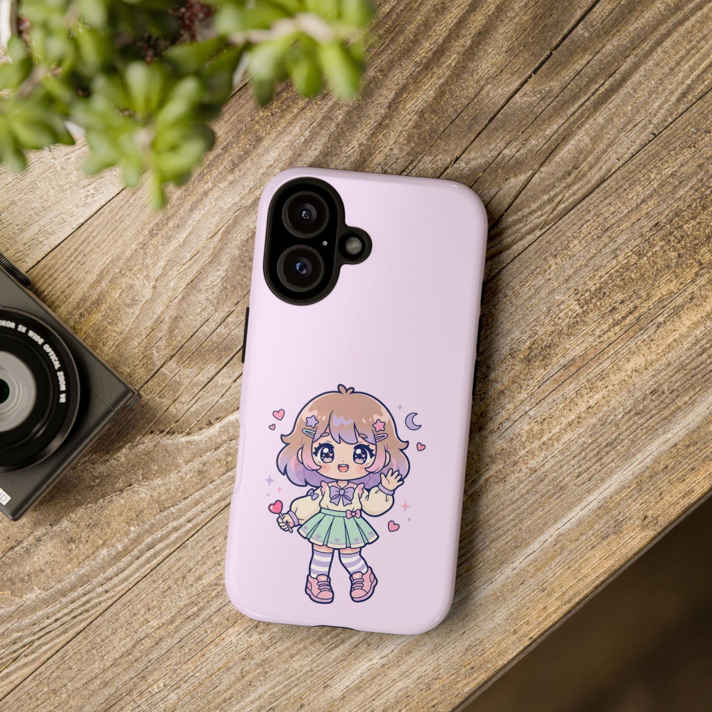 Cute Kawaii Girl Phone Case — Pastel Anime iPhone Cover with Hearts & Moon
