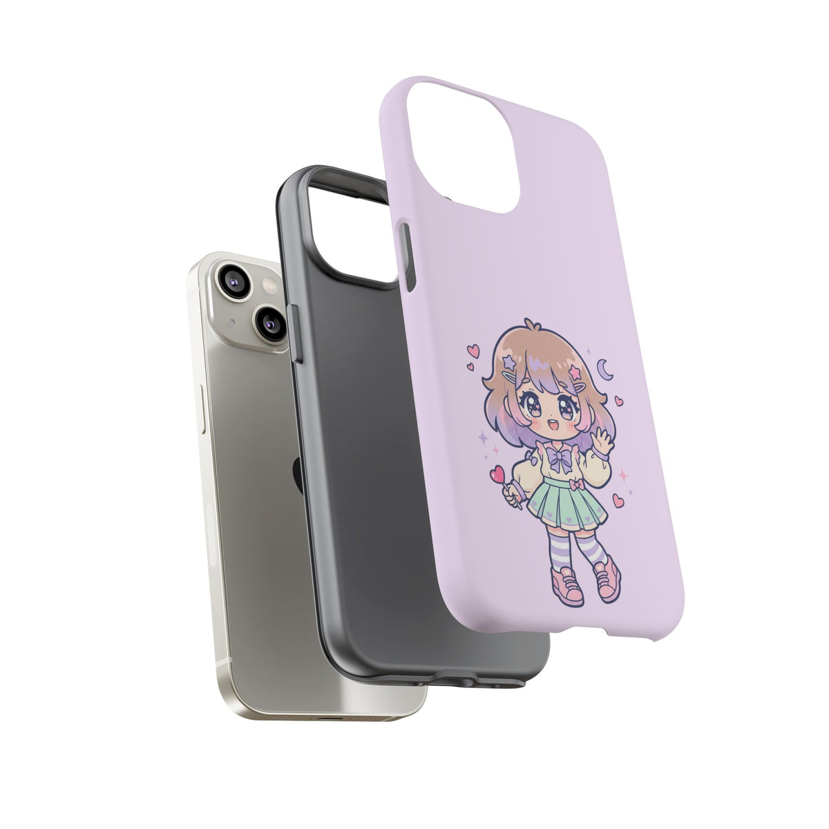 Cute Kawaii Girl Phone Case — Pastel Anime iPhone Cover with Hearts & Moon