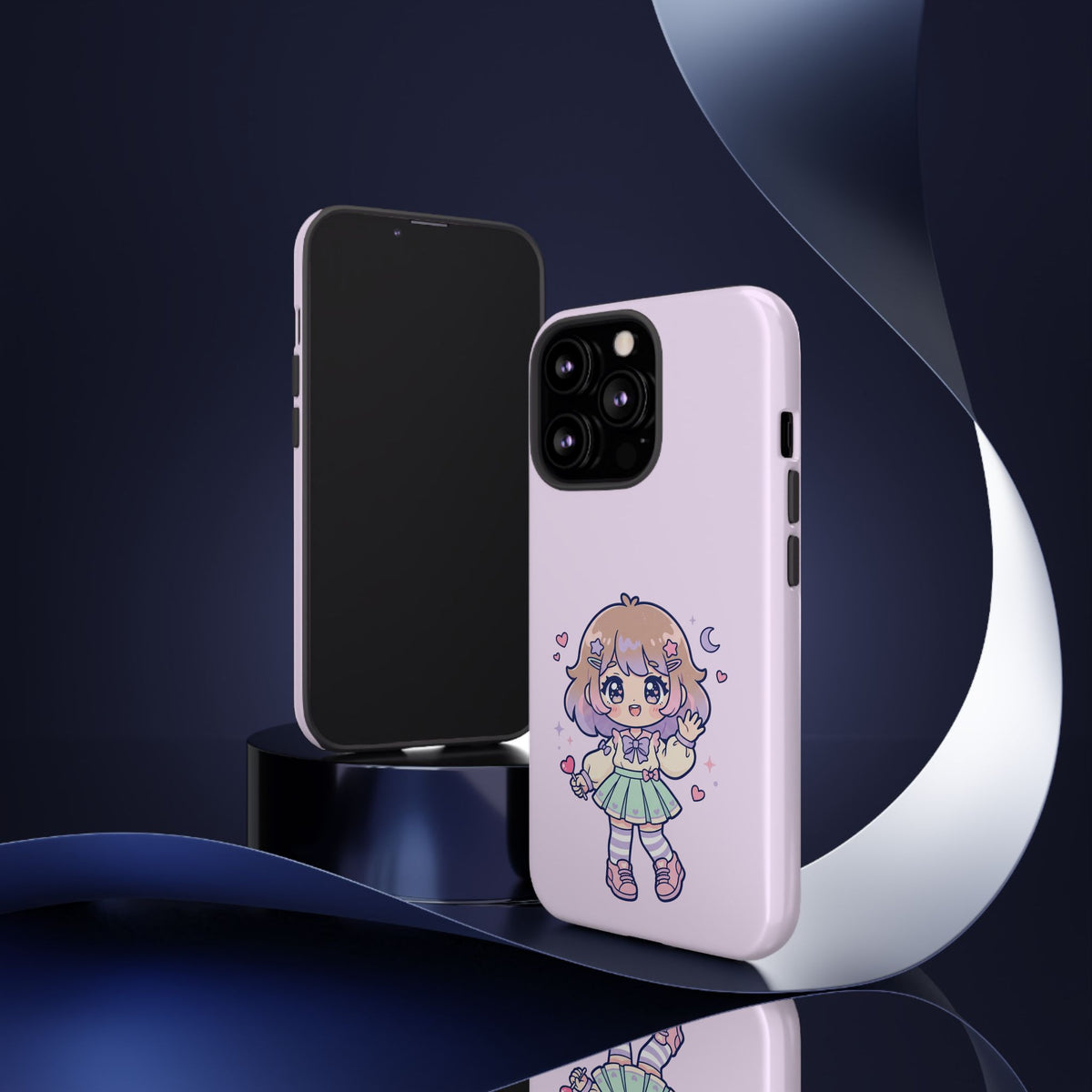 Cute Kawaii Girl Phone Case — Pastel Anime iPhone Cover with Hearts & Moon