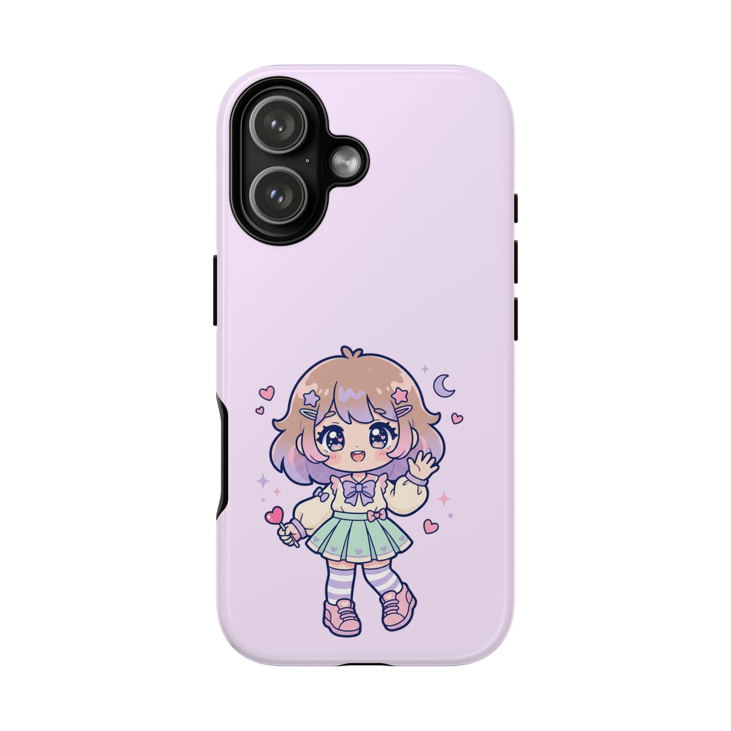 Cute Kawaii Girl Phone Case — Pastel Anime iPhone Cover with Hearts & Moon