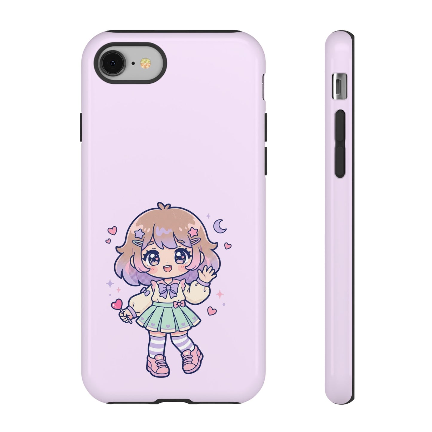 Cute Kawaii Girl Phone Case — Pastel Anime iPhone Cover with Hearts & Moon