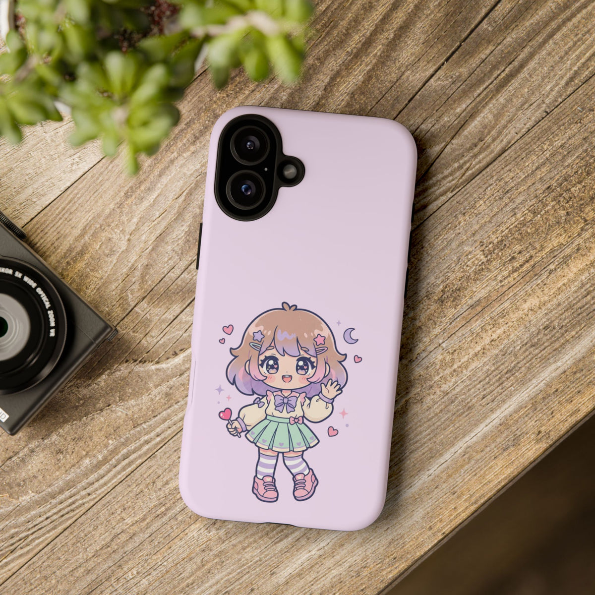 Cute Kawaii Girl Phone Case — Pastel Anime iPhone Cover with Hearts & Moon
