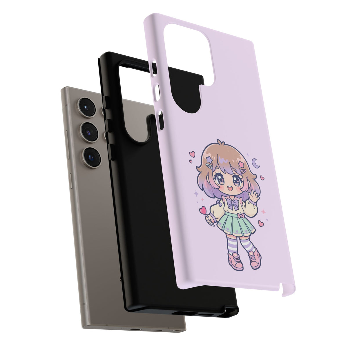 Cute Kawaii Girl Phone Case — Pastel Anime iPhone Cover with Hearts & Moon