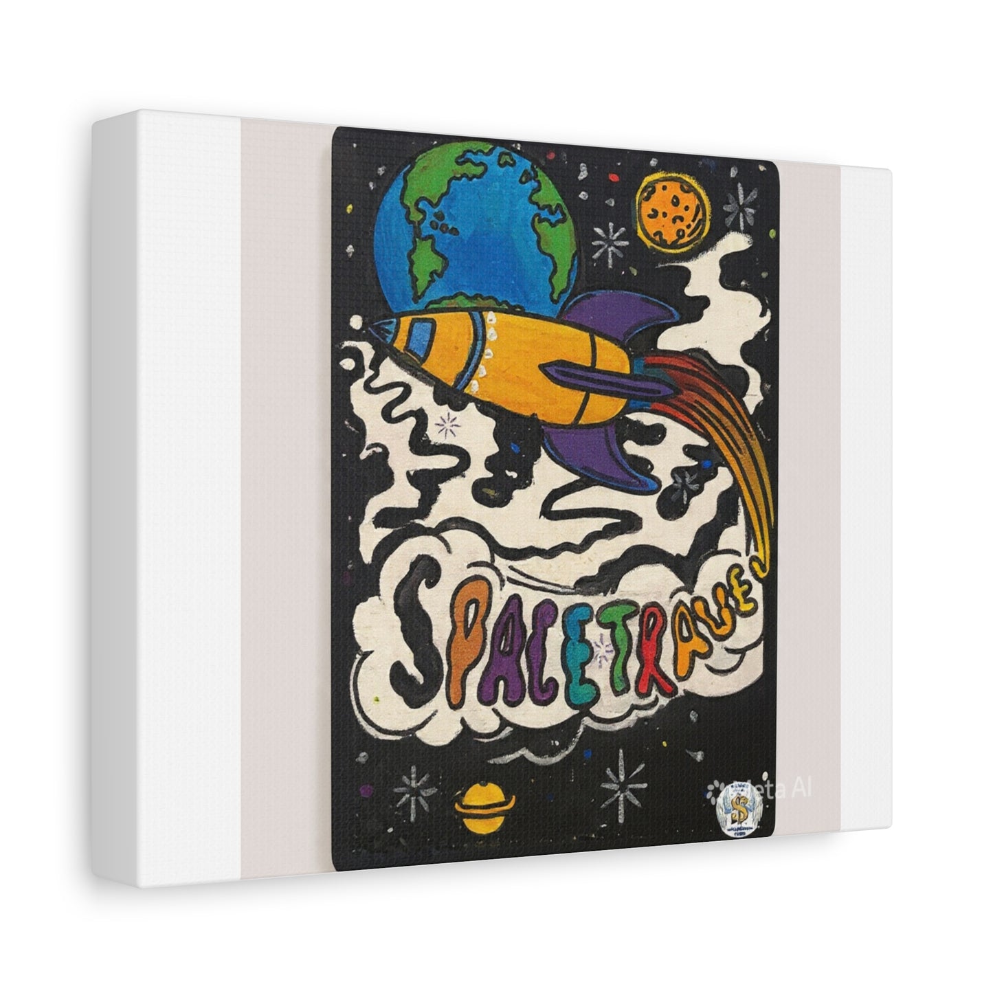 Retro Rocket Canvas Art — "SPACETRAVEL" Stretched Space Travel Wall Decor