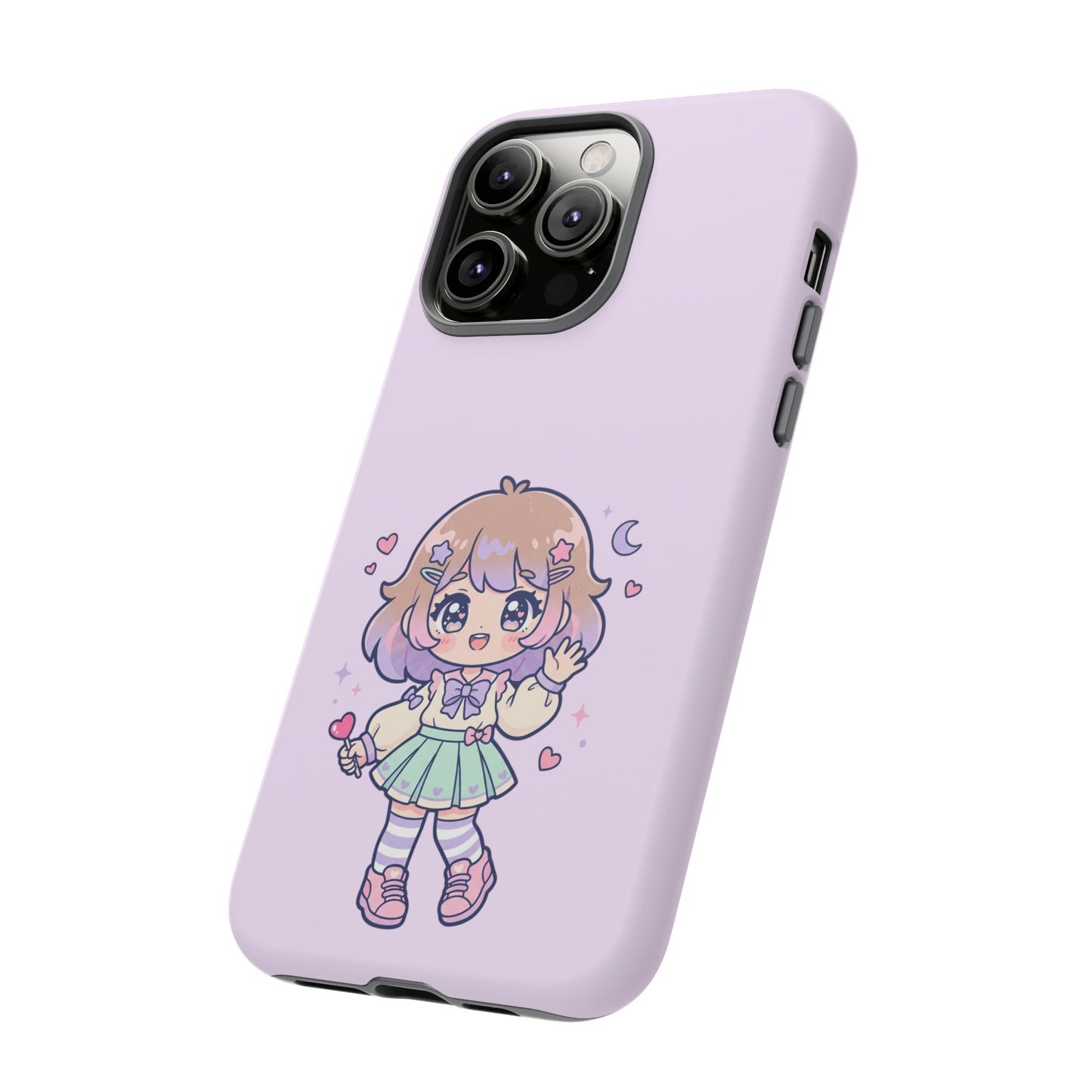 Cute Kawaii Girl Phone Case — Pastel Anime iPhone Cover with Hearts & Moon