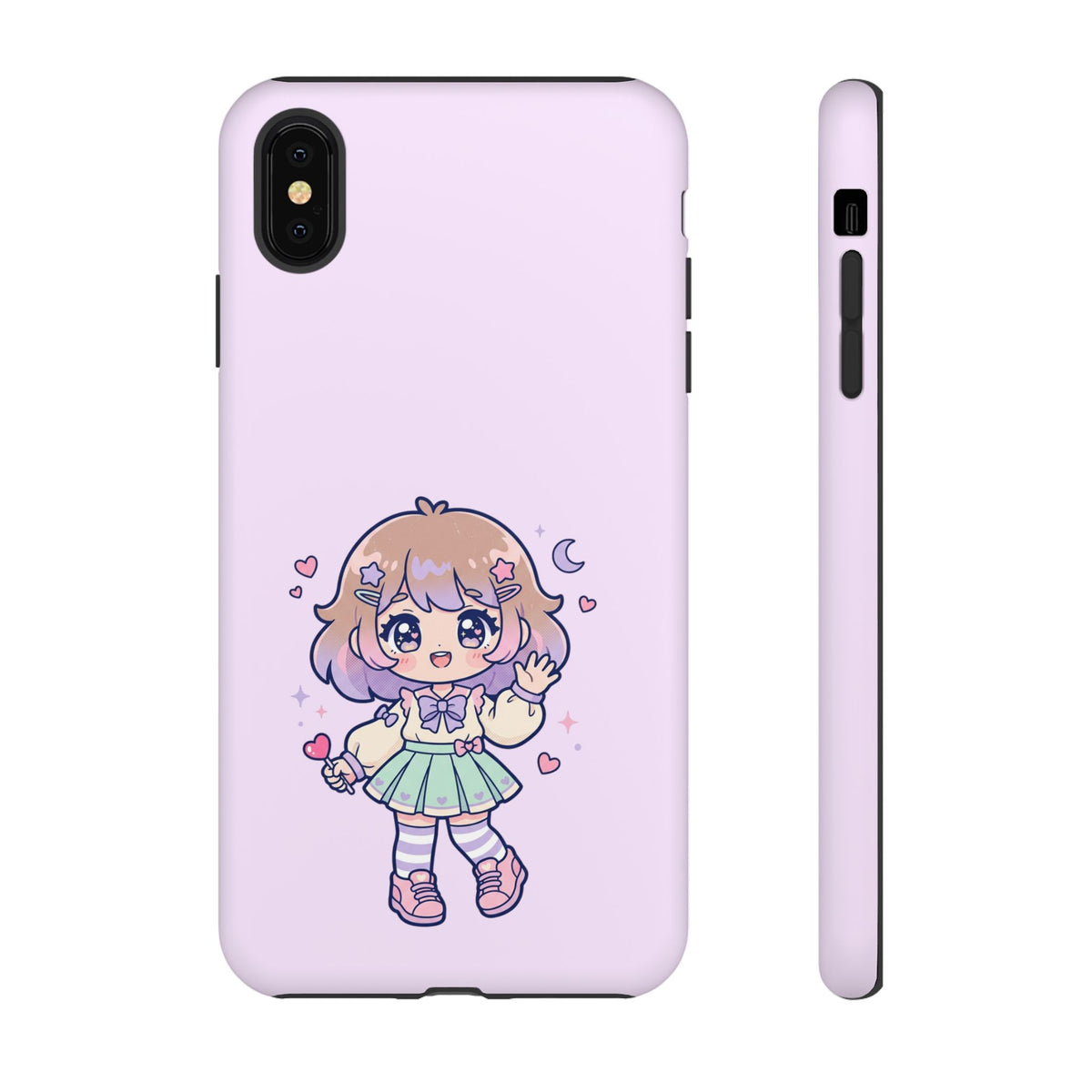 Cute Kawaii Girl Phone Case — Pastel Anime iPhone Cover with Hearts & Moon