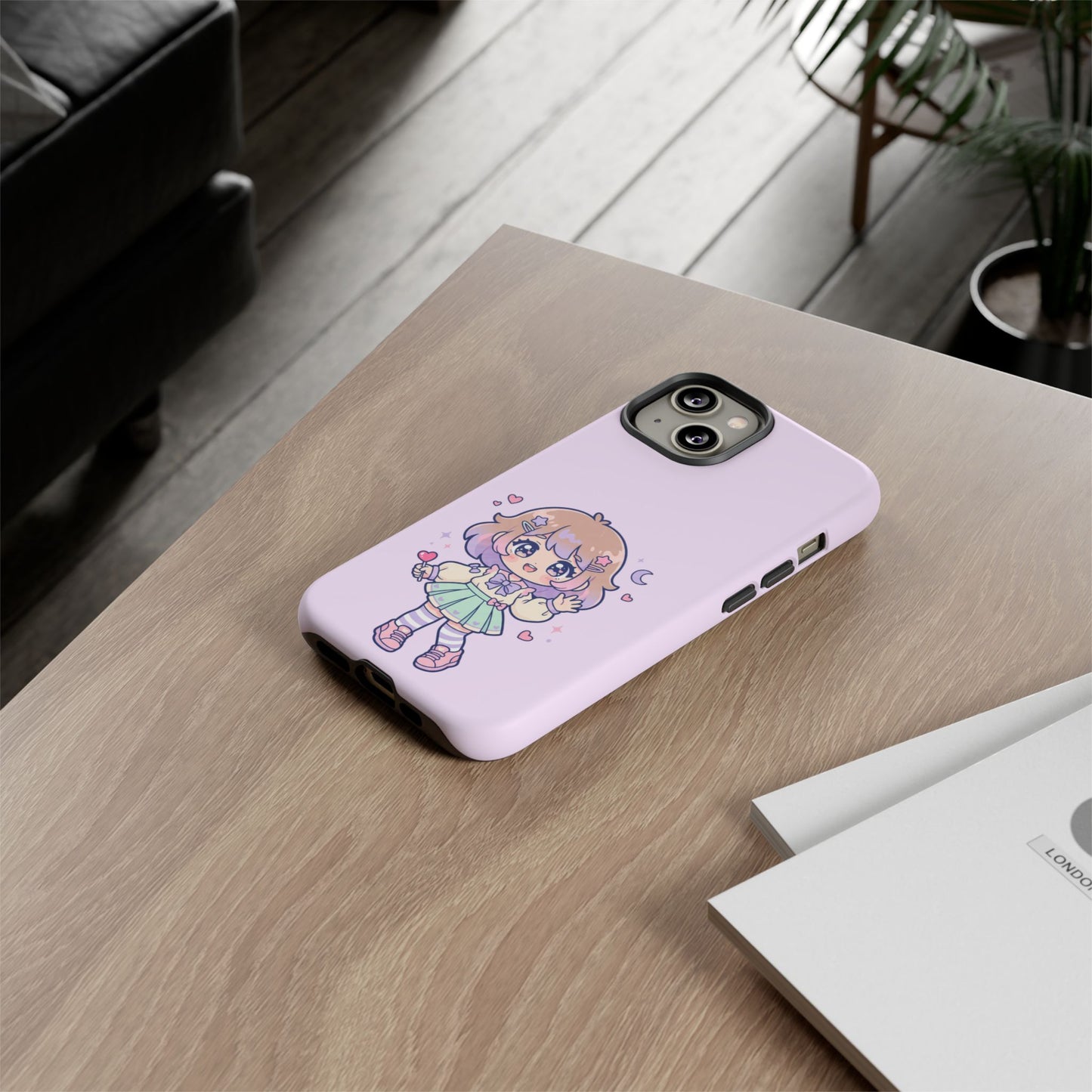Cute Kawaii Girl Phone Case — Pastel Anime iPhone Cover with Hearts & Moon