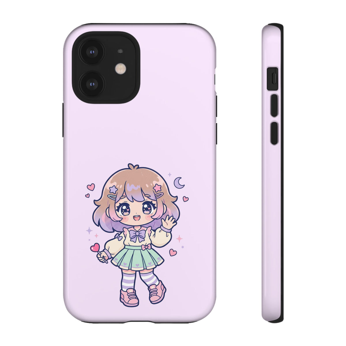 Cute Kawaii Girl Phone Case — Pastel Anime iPhone Cover with Hearts & Moon