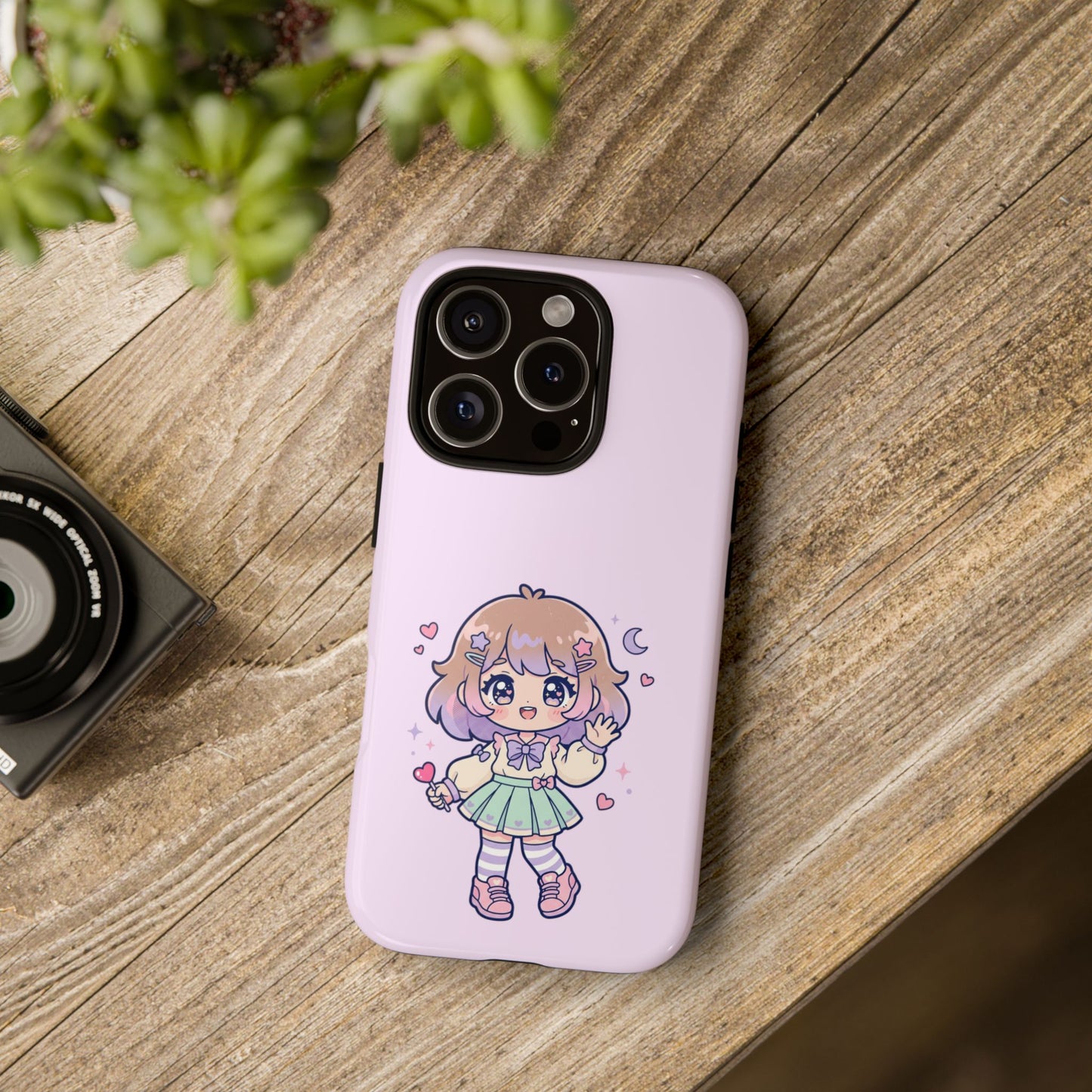 Cute Kawaii Girl Phone Case — Pastel Anime iPhone Cover with Hearts & Moon