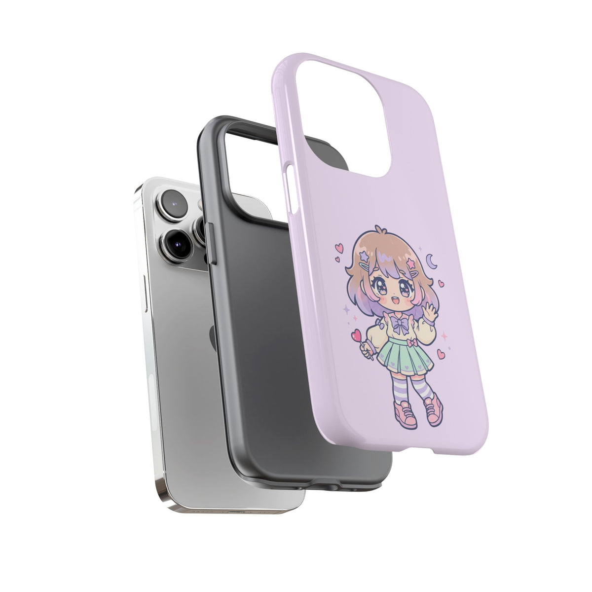 Cute Kawaii Girl Phone Case — Pastel Anime iPhone Cover with Hearts & Moon