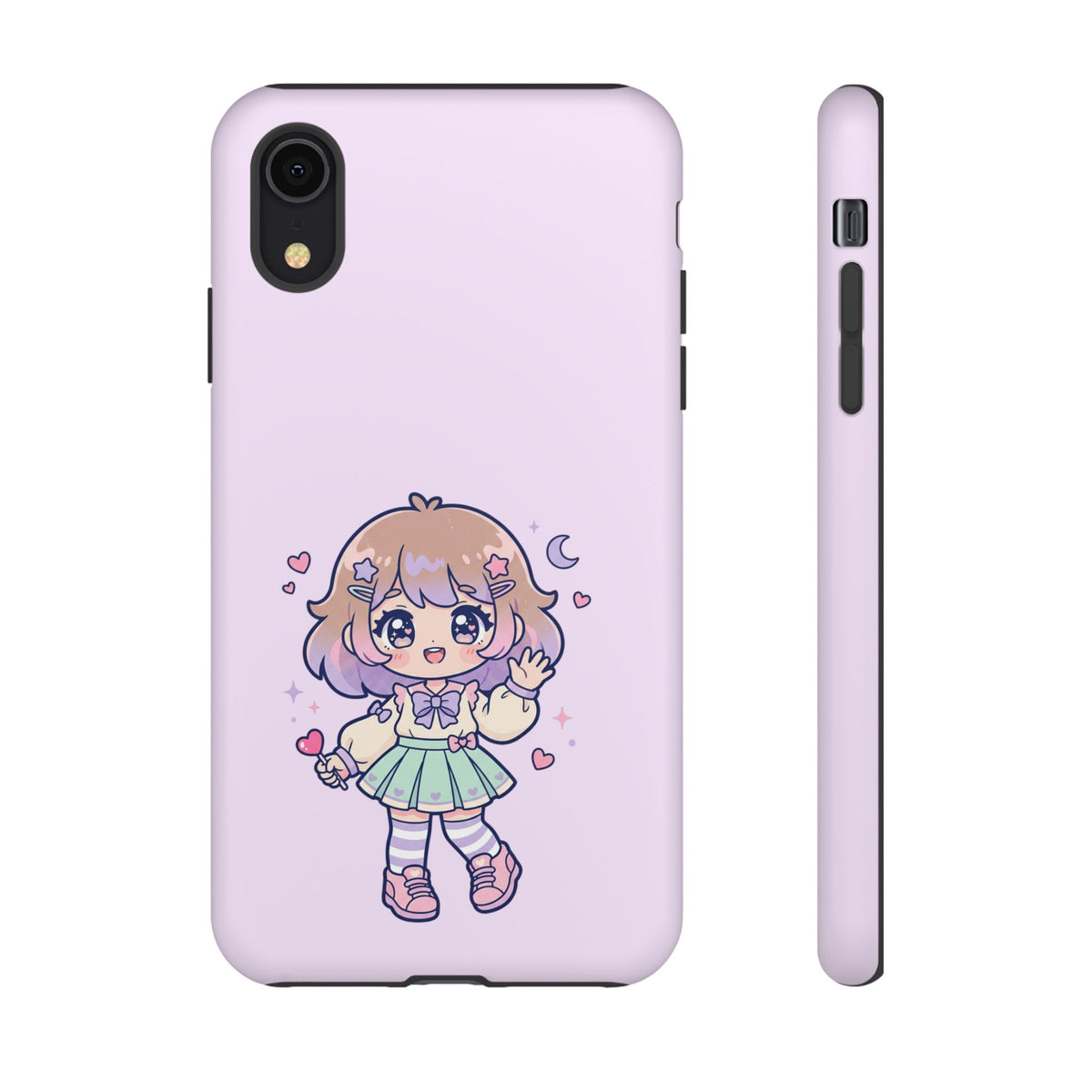 Cute Kawaii Girl Phone Case — Pastel Anime iPhone Cover with Hearts & Moon