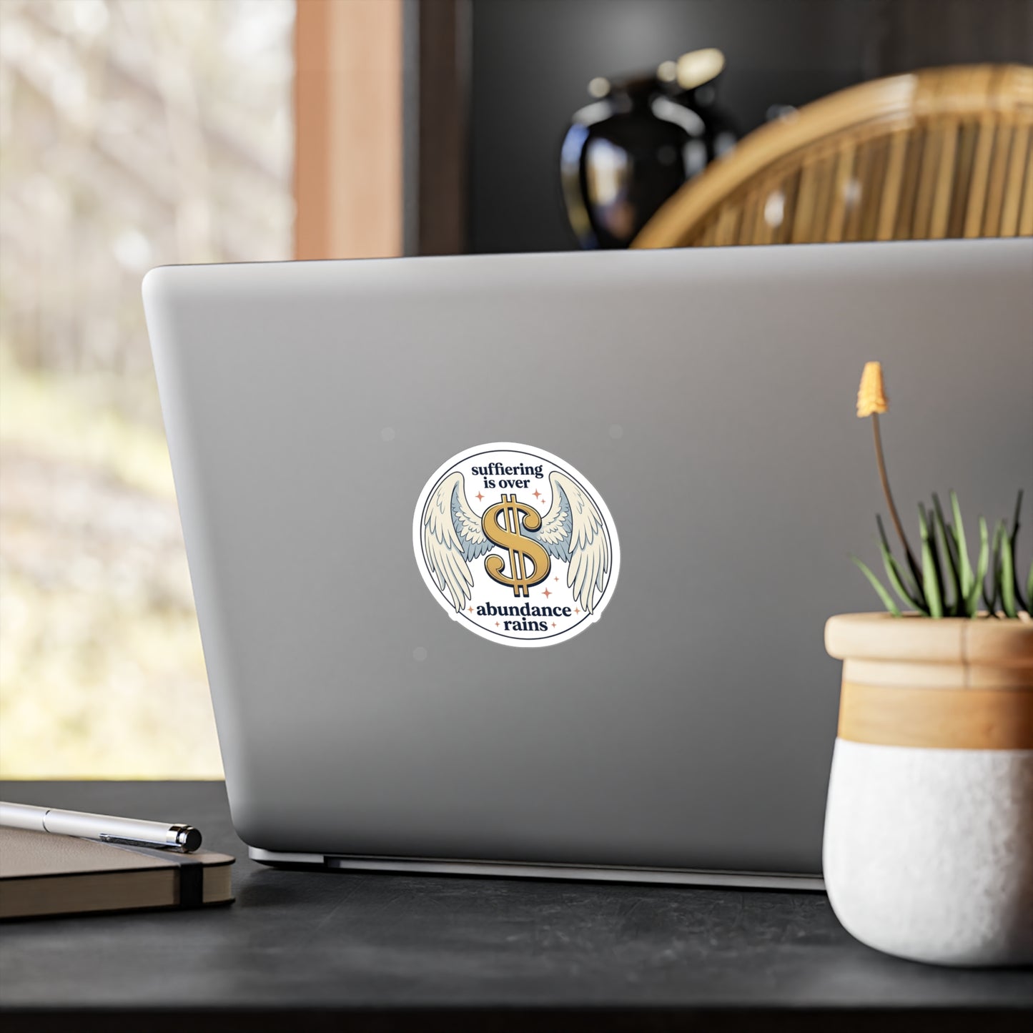 Winged Dollar Vinyl Decal — "Suffering Is Over, Abundance Reigns" Kiss-Cut Sticker
