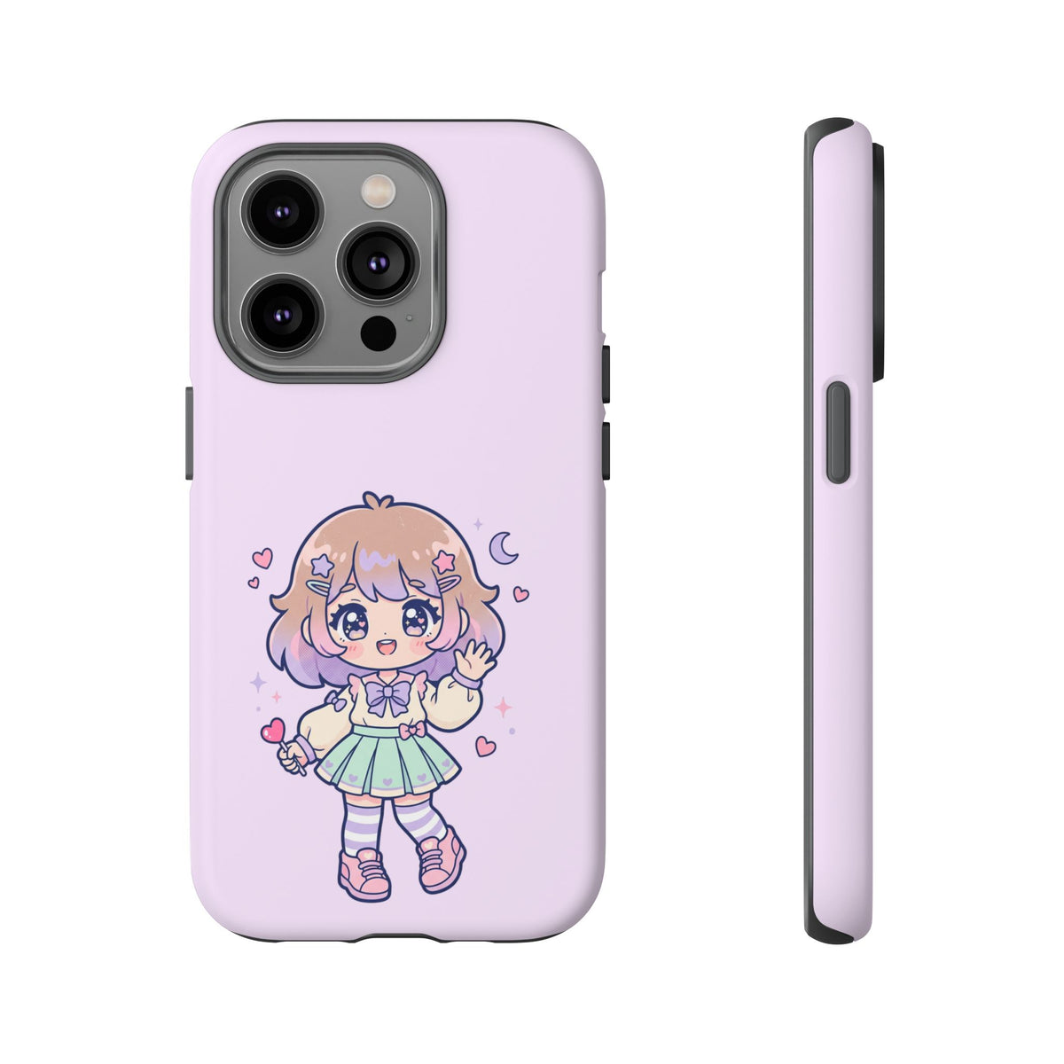 Cute Kawaii Girl Phone Case — Pastel Anime iPhone Cover with Hearts & Moon