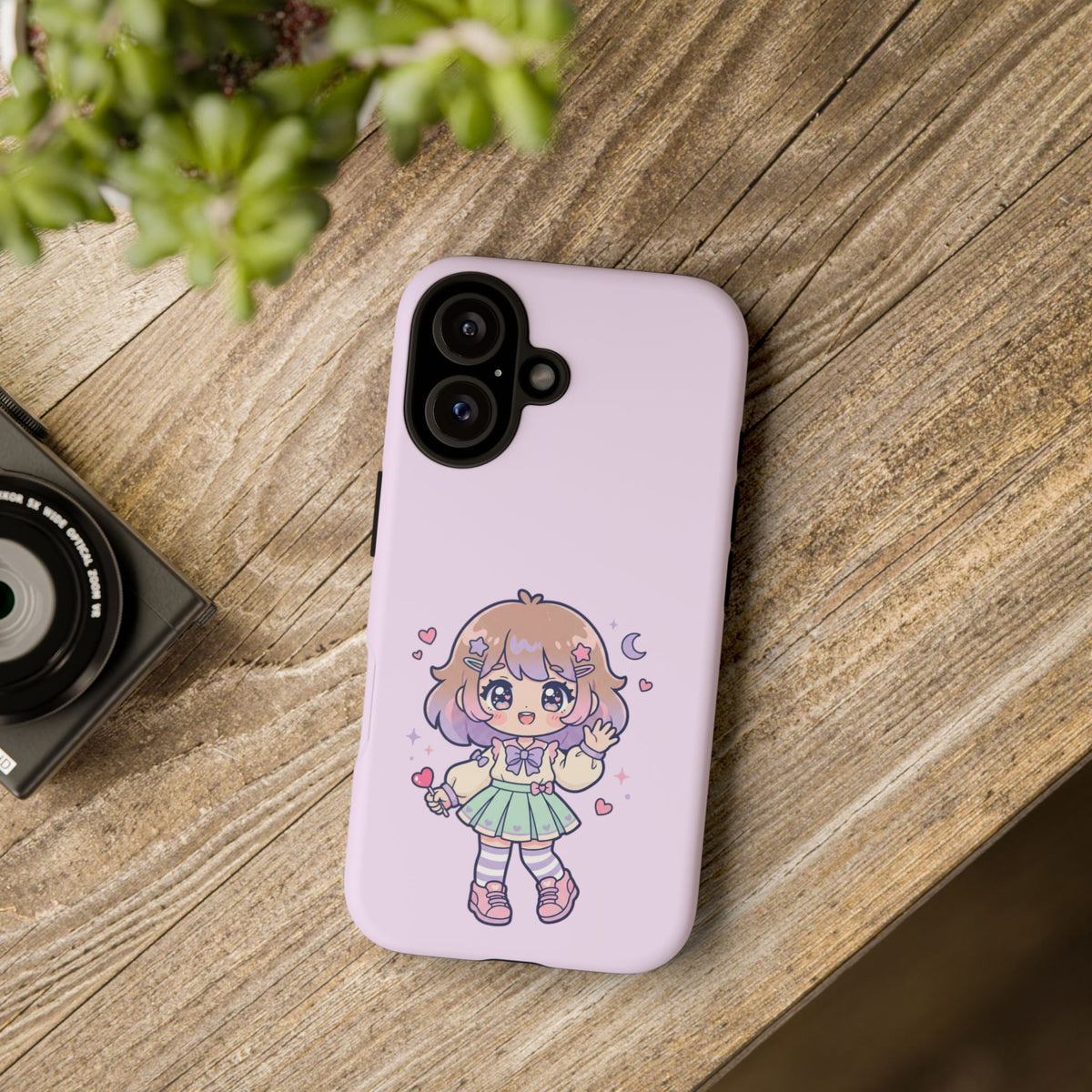 Cute Kawaii Girl Phone Case — Pastel Anime iPhone Cover with Hearts & Moon