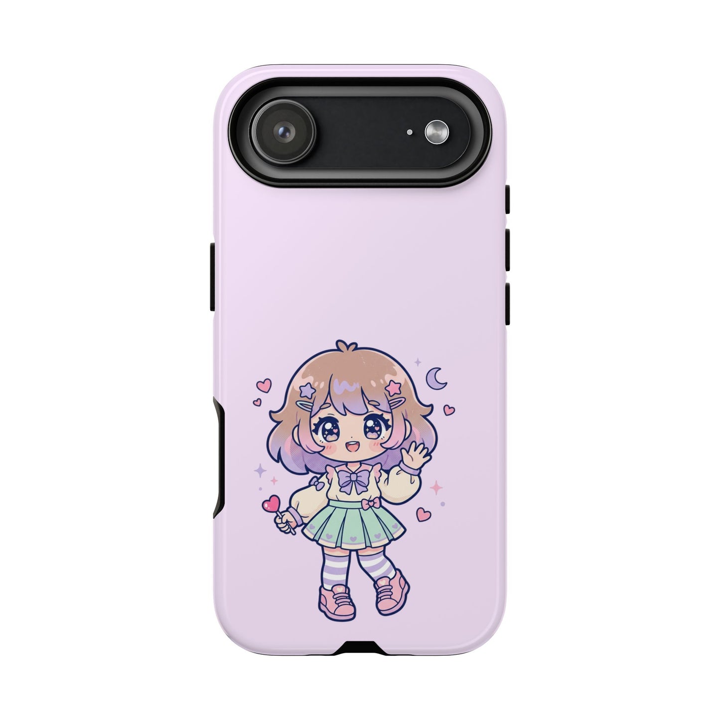 Cute Kawaii Girl Phone Case — Pastel Anime iPhone Cover with Hearts & Moon