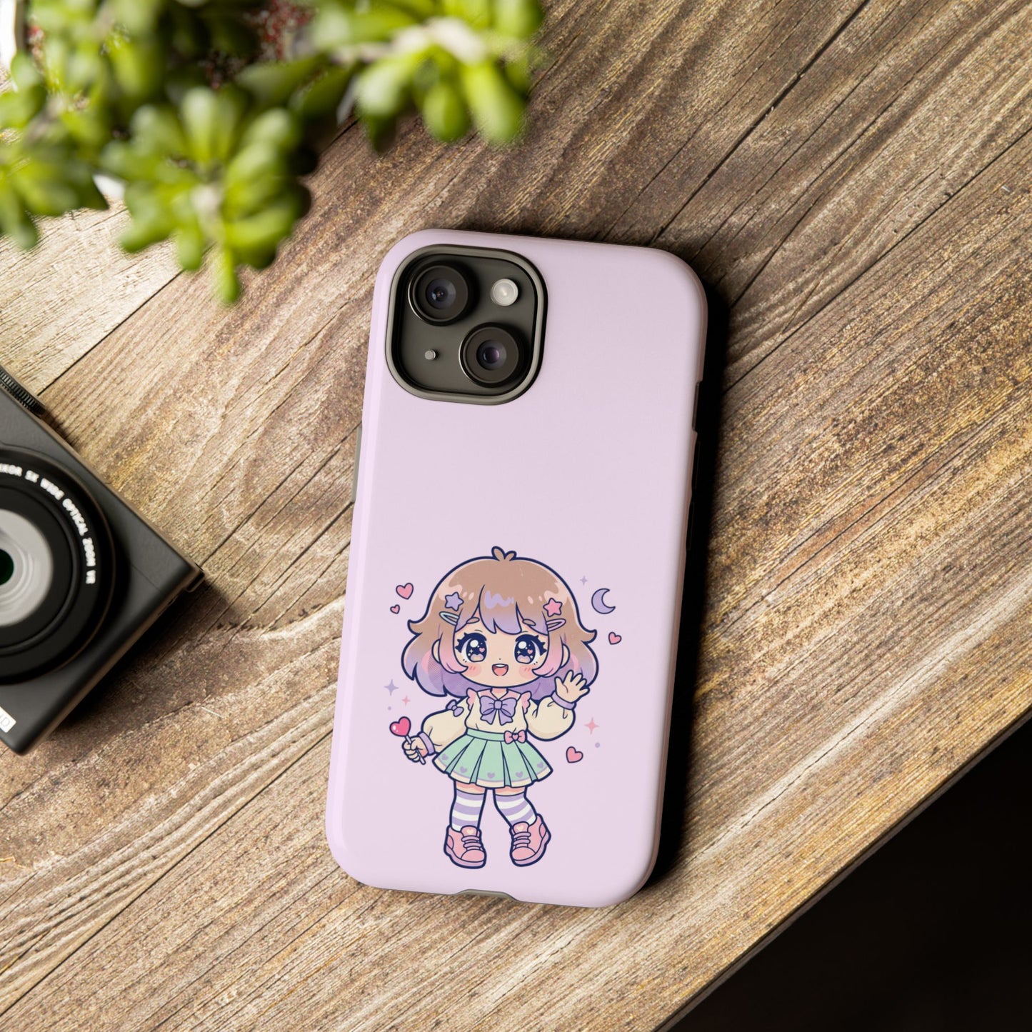 Cute Kawaii Girl Phone Case — Pastel Anime iPhone Cover with Hearts & Moon