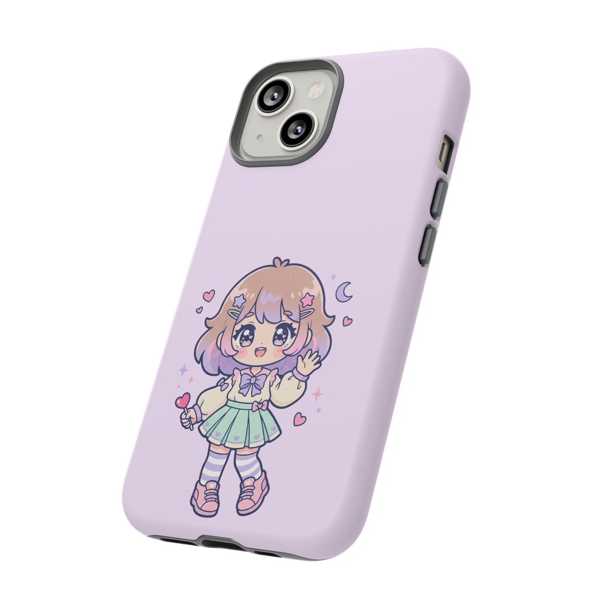 Cute Kawaii Girl Phone Case — Pastel Anime iPhone Cover with Hearts & Moon