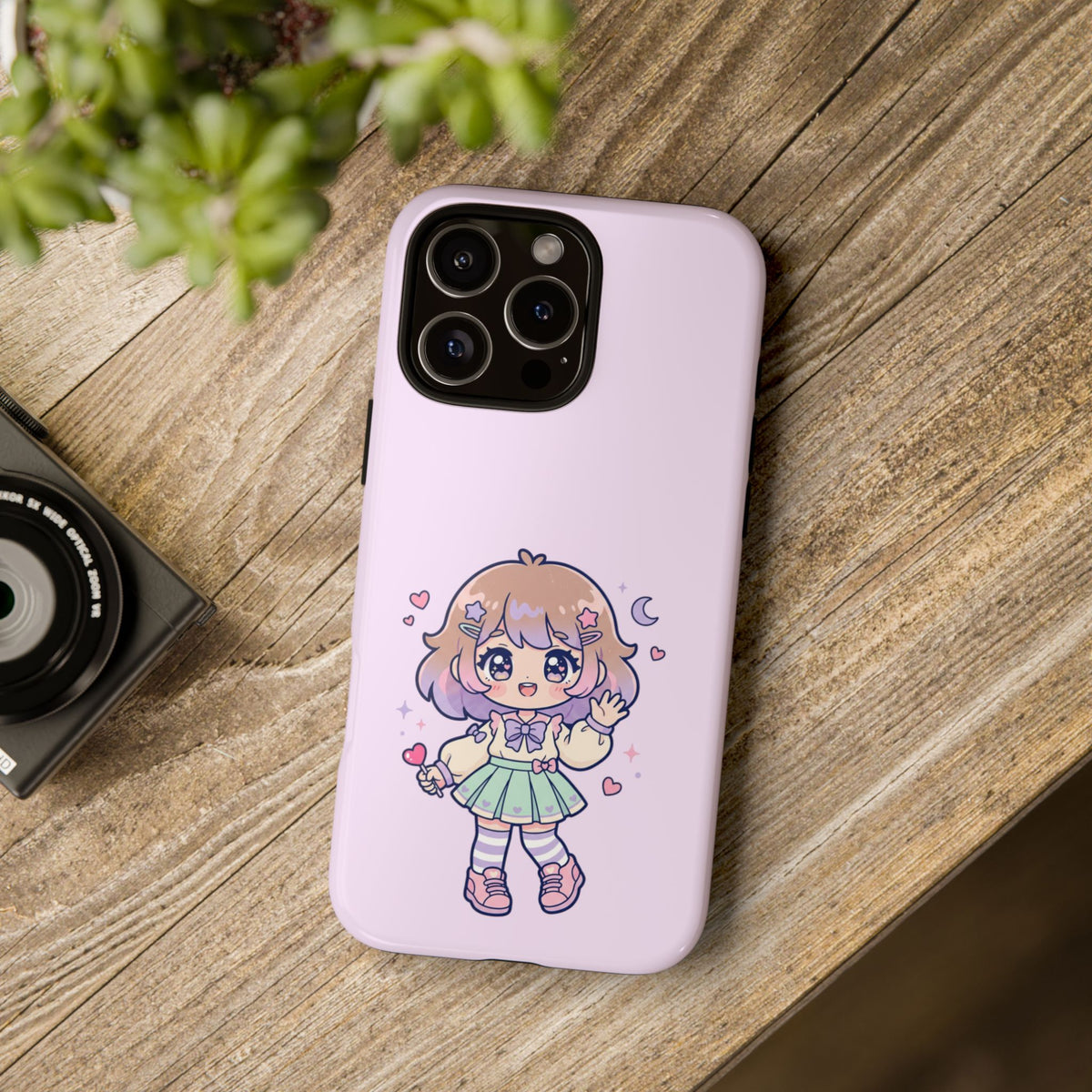 Cute Kawaii Girl Phone Case — Pastel Anime iPhone Cover with Hearts & Moon