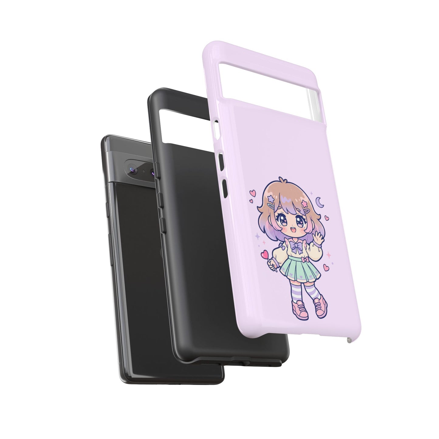 Cute Kawaii Girl Phone Case — Pastel Anime iPhone Cover with Hearts & Moon