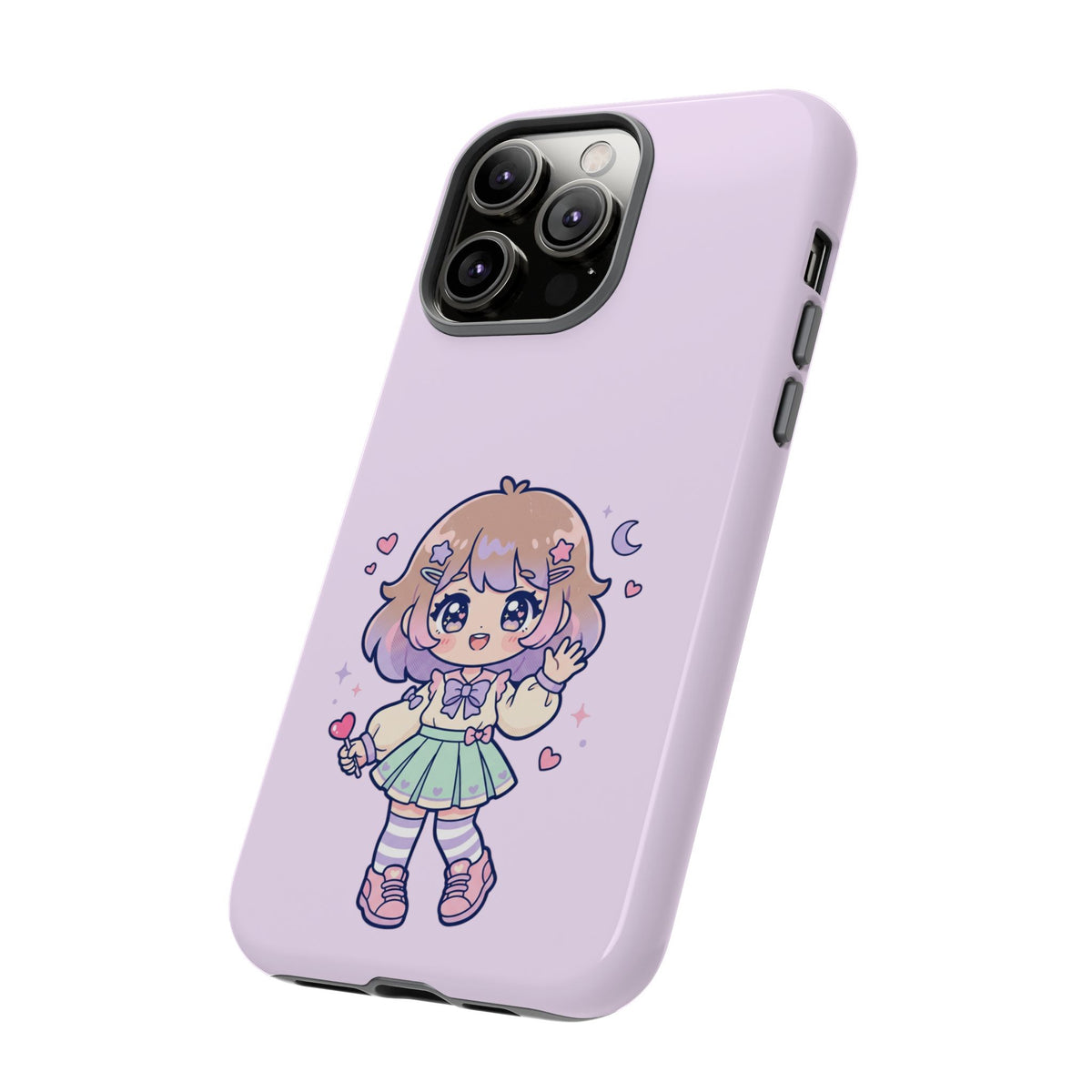 Cute Kawaii Girl Phone Case — Pastel Anime iPhone Cover with Hearts & Moon