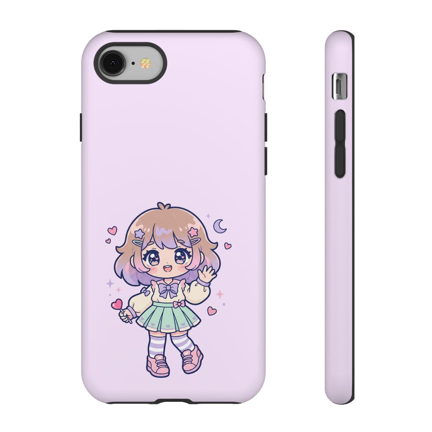Cute Kawaii Girl Phone Case — Pastel Anime iPhone Cover with Hearts & Moon