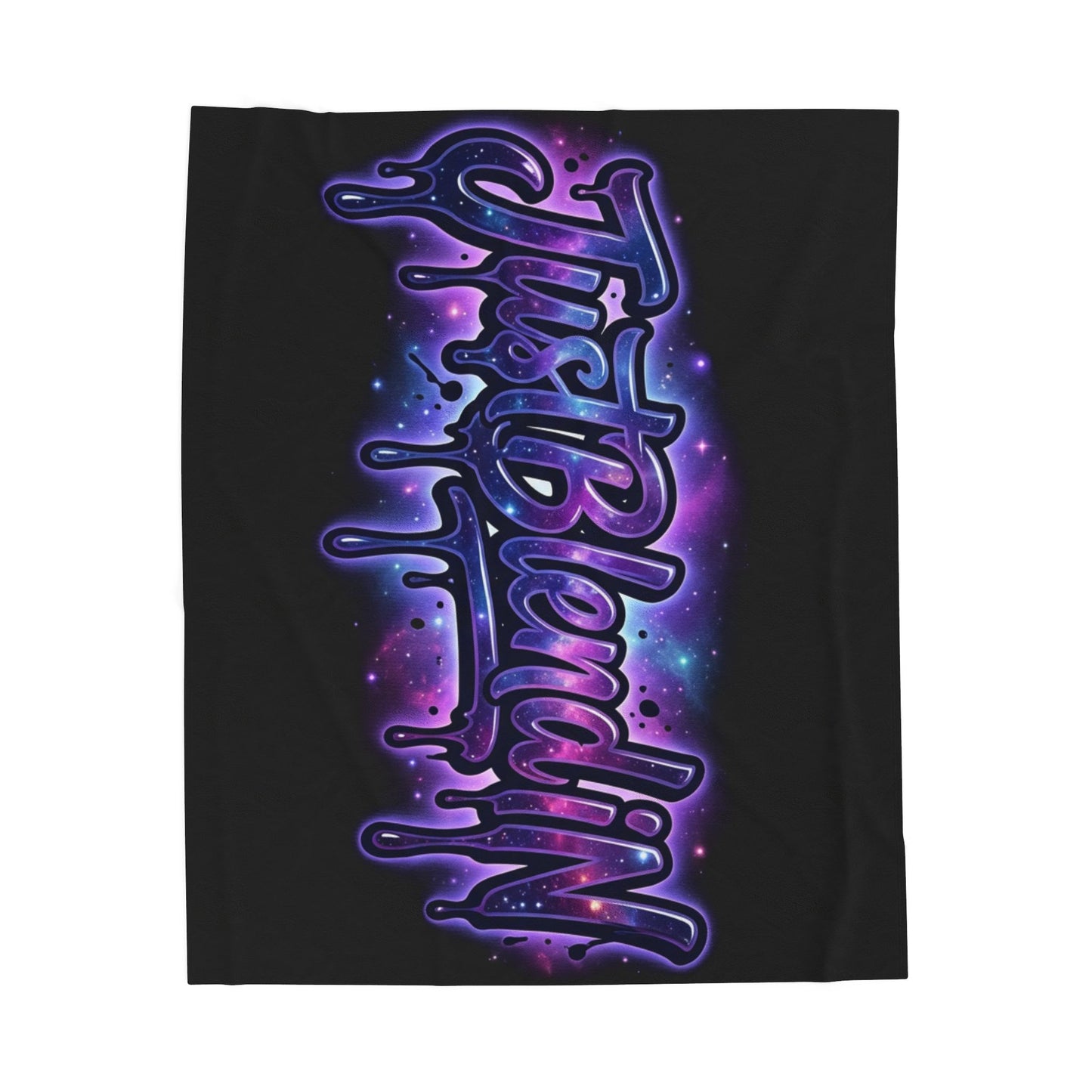 A black rectangular blanket or towel featuring a large vertical graphic with the words 'Just Blending' in stylized purple and blue neon lettering against a galaxy-like background.