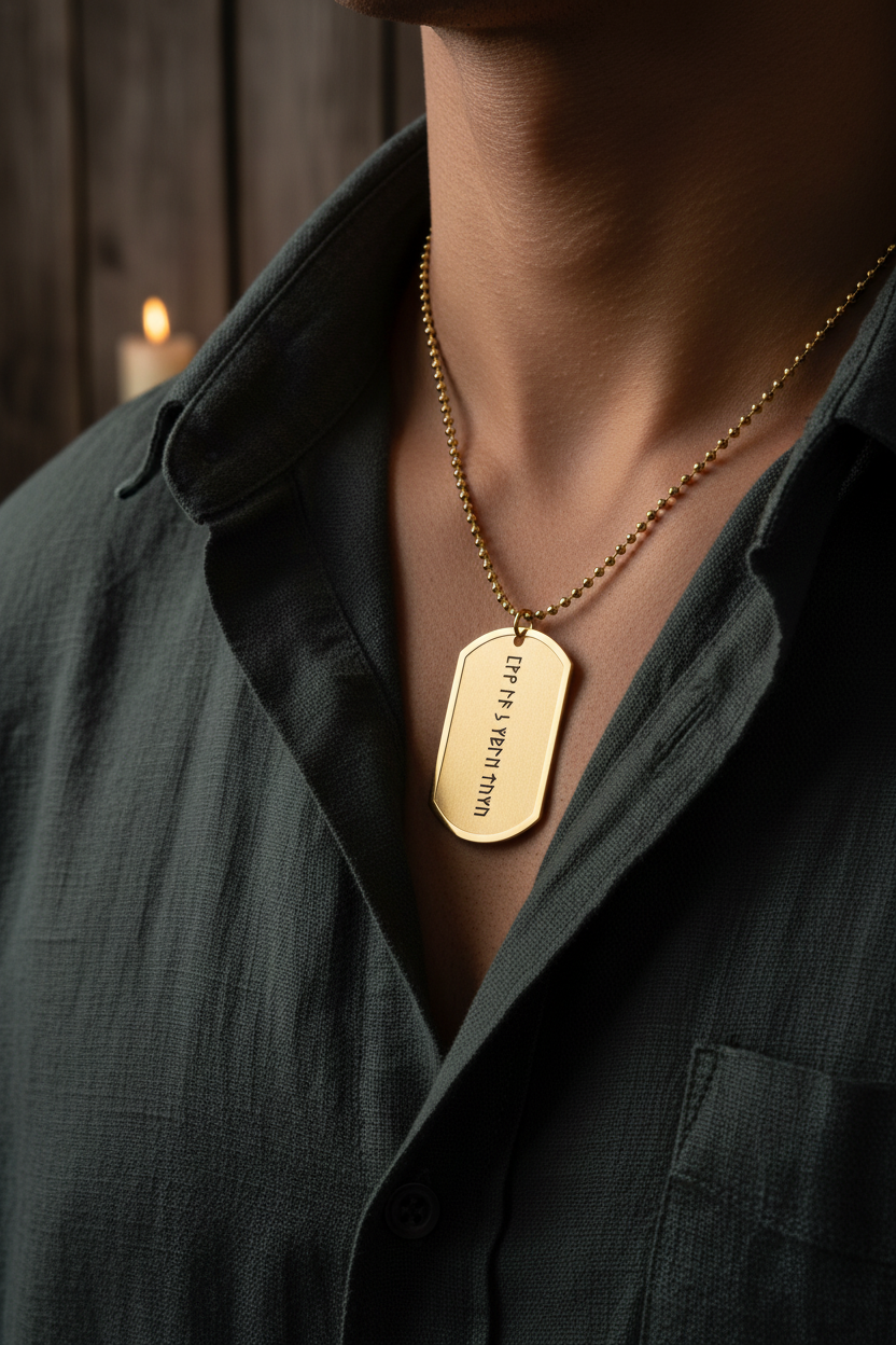 Gold-plated Viking dog tag worn on dark linen shirt