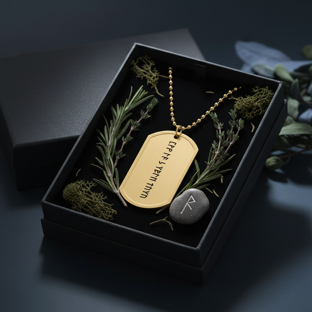 Gold-plated Viking dog tag in open black gift box with rune stones
