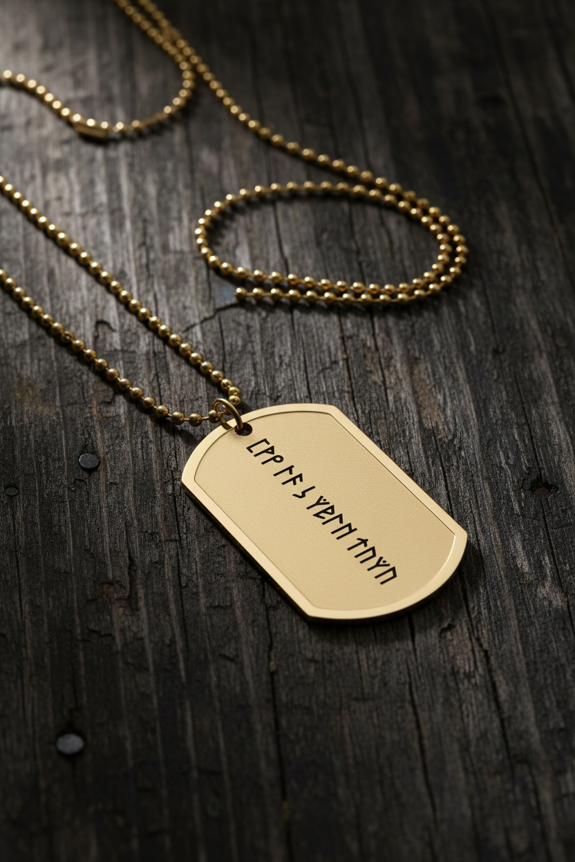 Gold-plated Viking dog tag with runic engraving on dark weathered wood